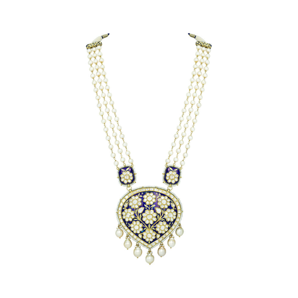 Pearl Strand Necklace with Blue Meena Polki Floral Pendant